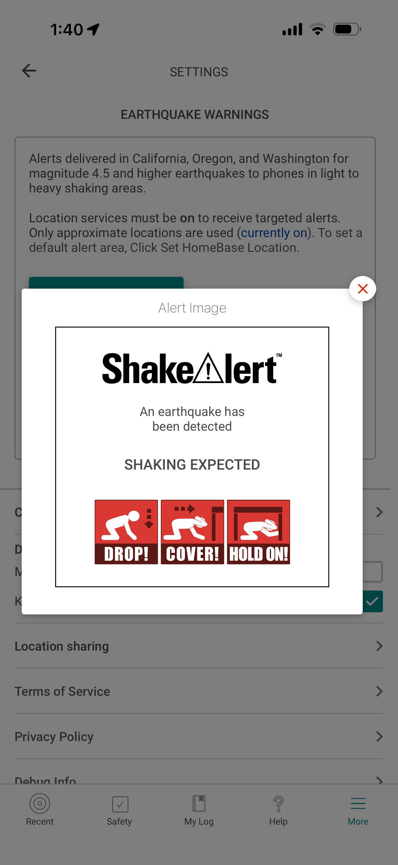 The previous MyShake earthquake alert screen